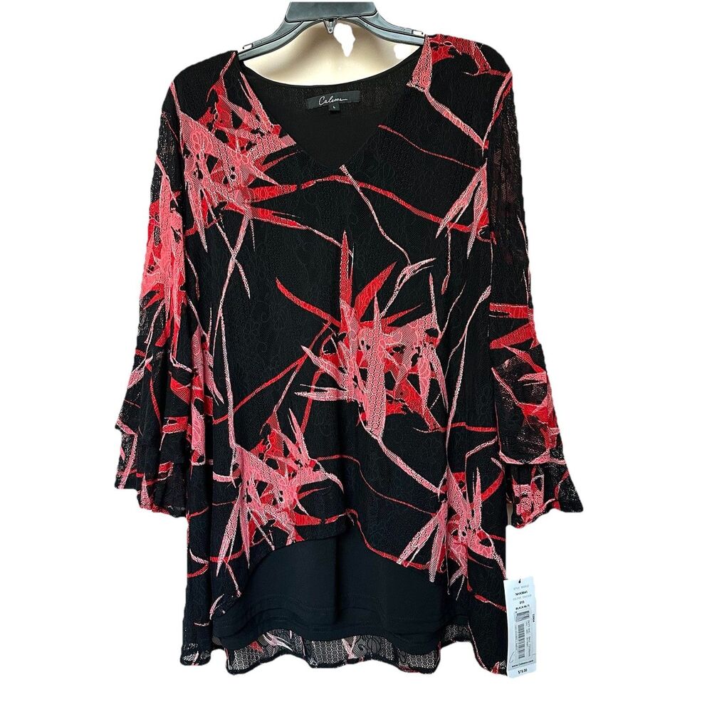 Calessa Top XL Black Abstract Floral Tiered Bell Sleeve Stretch Whimsigoth NWT
